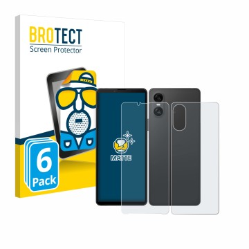 Vorderseite einer Produktverpackung mit dem Markenlogo BROTECT. Daneben ist das Gerät Sony Xperia 10 VI (Display+Rückseite) mi