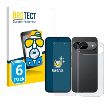 Front side of a product packaging with the brand logo BROTECT. Next to it is the device Google Pixel 9 (Front+Back) shown with