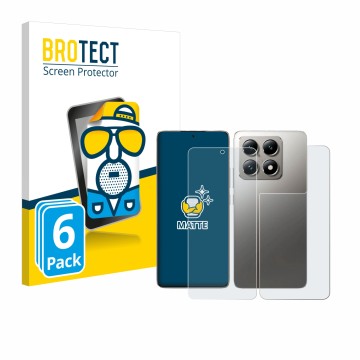 Vorderseite einer Produktverpackung mit dem Markenlogo BROTECT. Daneben ist das Gerät Xiaomi 14T Pro (Display+Rückseite) mit d