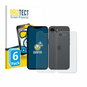 Face avant d’un emballage produit avec le logo de la marque BROTECT. À côté, l’appareil Apple iPhone 17e (Avant+Arrière) est r