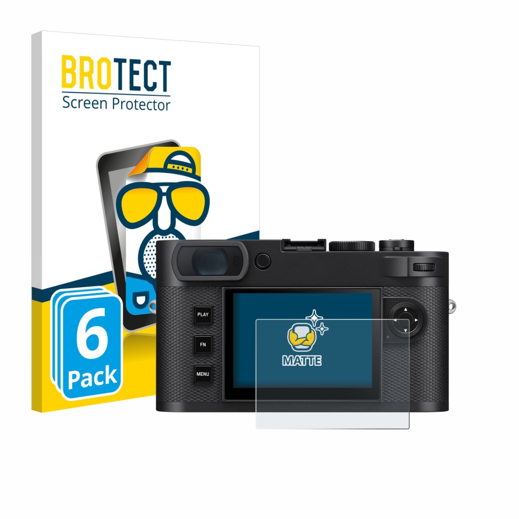 Front side of a product packaging with the brand logo BROTECT. Next to it is the device Leica M EV1 shown with the correspondi