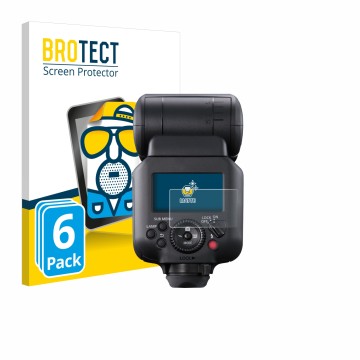 Parte frontal de un envase de producto con el logotipo de la marca BROTECT. Al lado se muestra el dispositivo Canon Speedlite 