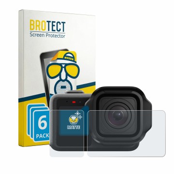 Parte frontal de un envase de producto con el logotipo de la marca BROTECT. Al lado se muestra el dispositivo GoPro Mission 1 