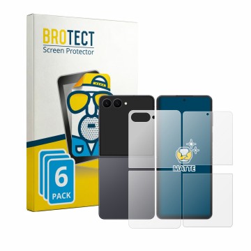 Face avant d’un emballage produit avec le logo de la marque BROTECT. À côté, l’appareil Samsung Galaxy Z Flip 8 (Avant+Arrière