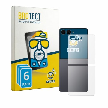 Face avant d’un emballage produit avec le logo de la marque BROTECT. À côté, l’appareil Samsung Galaxy Z Flip 8 (Arrière) est 