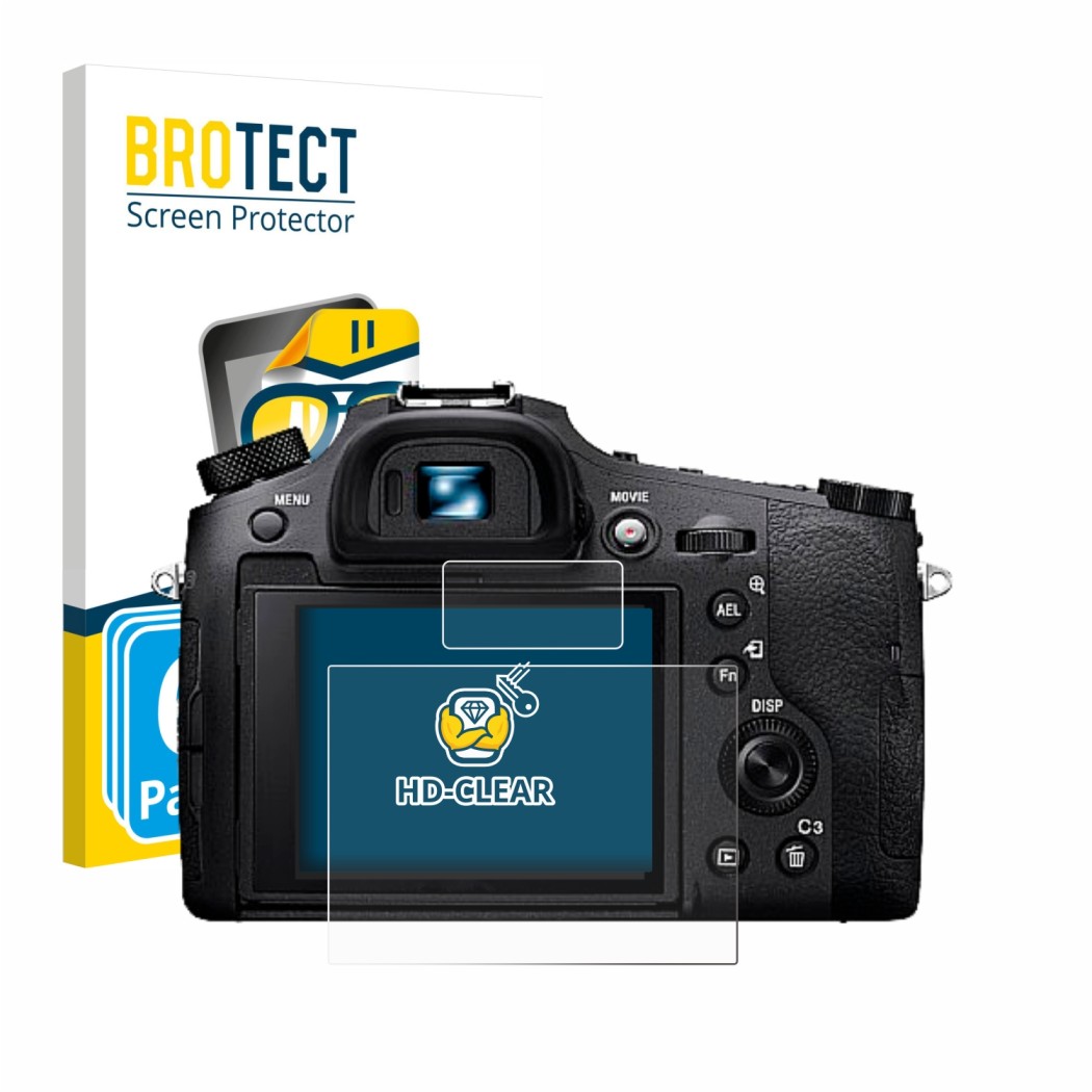 Face avant d’un emballage produit avec le logo de la marque BROTECT. À côté, l’appareil Sony Cyber-Shot DSC-RX10 IV est représ