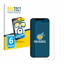 Front side of a product packaging with the brand logo BROTECT. Next to it is the device Apple iPhone 12 shown with the corresp