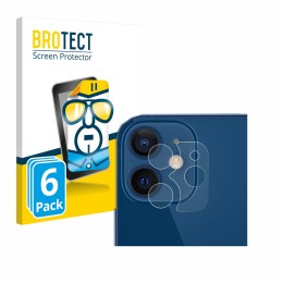 Front side of a product packaging with the brand logo BROTECT. Next to it is the device Apple iPhone 12 (ONLY Camera Lens) sho