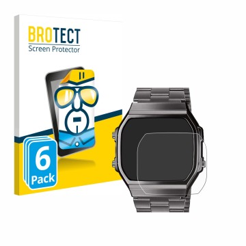 Front side of a product packaging with the brand logo BROTECT. Next to it is the device Casio A168WEGG-1BEF shown with the cor