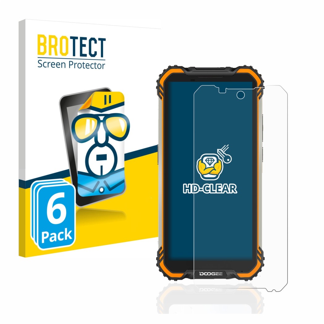 Parte frontal de un envase de producto con el logotipo de la marca BROTECT. Al lado se muestra el dispositivo Doogee S58 Pro c