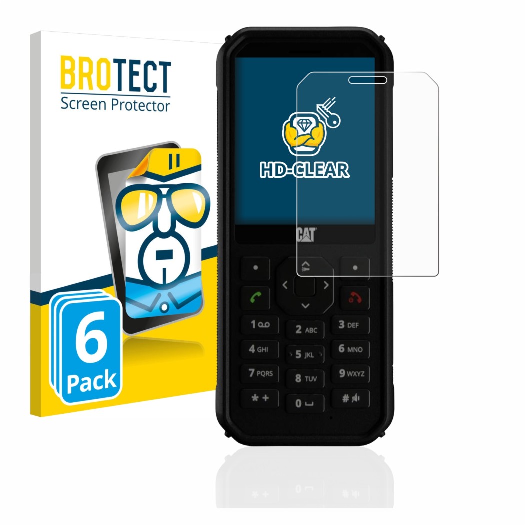 Front side of a product packaging with the brand logo BROTECT. Next to it is the device Caterpillar Cat B40 shown with the cor