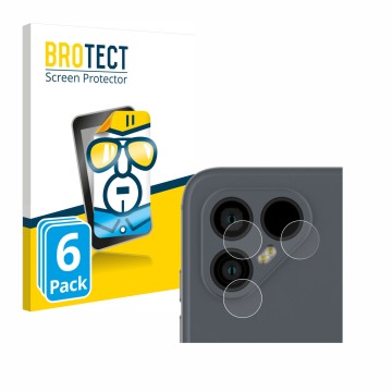 Vorderseite einer Produktverpackung mit dem Markenlogo BROTECT. Daneben ist das Gerät Fairphone 4 (NUR Kameraschutz) mit dem z