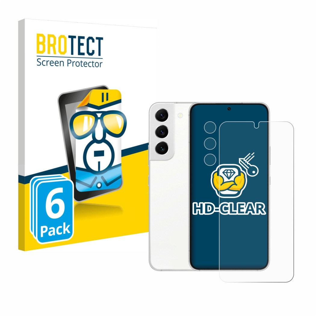 Front side of a product packaging with the brand logo BROTECT. Next to it is the device Samsung Galaxy S22 5G (Front+Camera) s