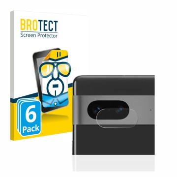 Face avant d’un emballage produit avec le logo de la marque BROTECT. À côté, l’appareil Google Pixel 7 (Caméra UNIQUEMENT) est