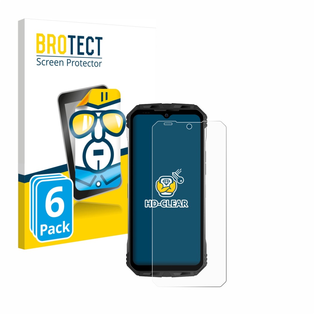 Parte frontal de un envase de producto con el logotipo de la marca BROTECT. Al lado se muestra el dispositivo Doogee S100 con 