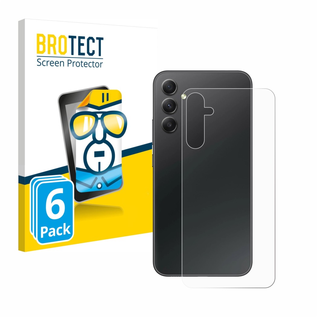 Front side of a product packaging with the brand logo BROTECT. Next to it is the device Samsung Galaxy A34 5G (Back) shown wit