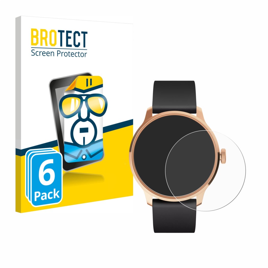 Face avant d’un emballage produit avec le logo de la marque BROTECT. À côté, l’appareil Withings ScanWatch Light est représent