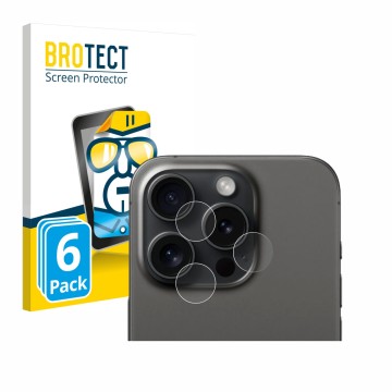 Front side of a product packaging with the brand logo BROTECT. Next to it is the device Apple iPhone 15 Pro (ONLY Camera Lens)
