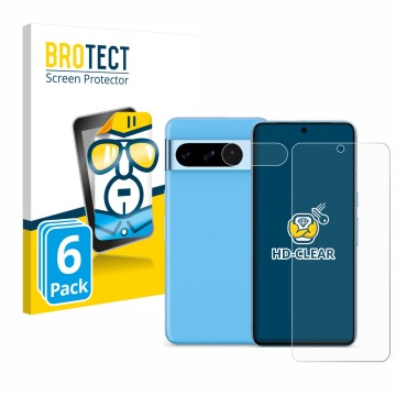 Parte frontal de un envase de producto con el logotipo de la marca BROTECT. Al lado se muestra el dispositivo Google Pixel 8 P