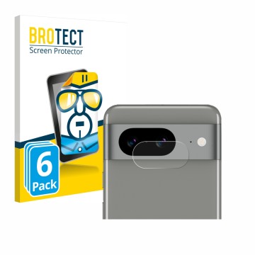 Vorderseite einer Produktverpackung mit dem Markenlogo BROTECT. Daneben ist das Gerät Google Pixel 8 (NUR Kameraschutz) mit de