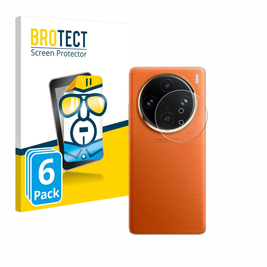 Face avant d’un emballage produit avec le logo de la marque BROTECT. À côté, l’appareil Vivo X100 Pro (Caméra UNIQUEMENT) est 