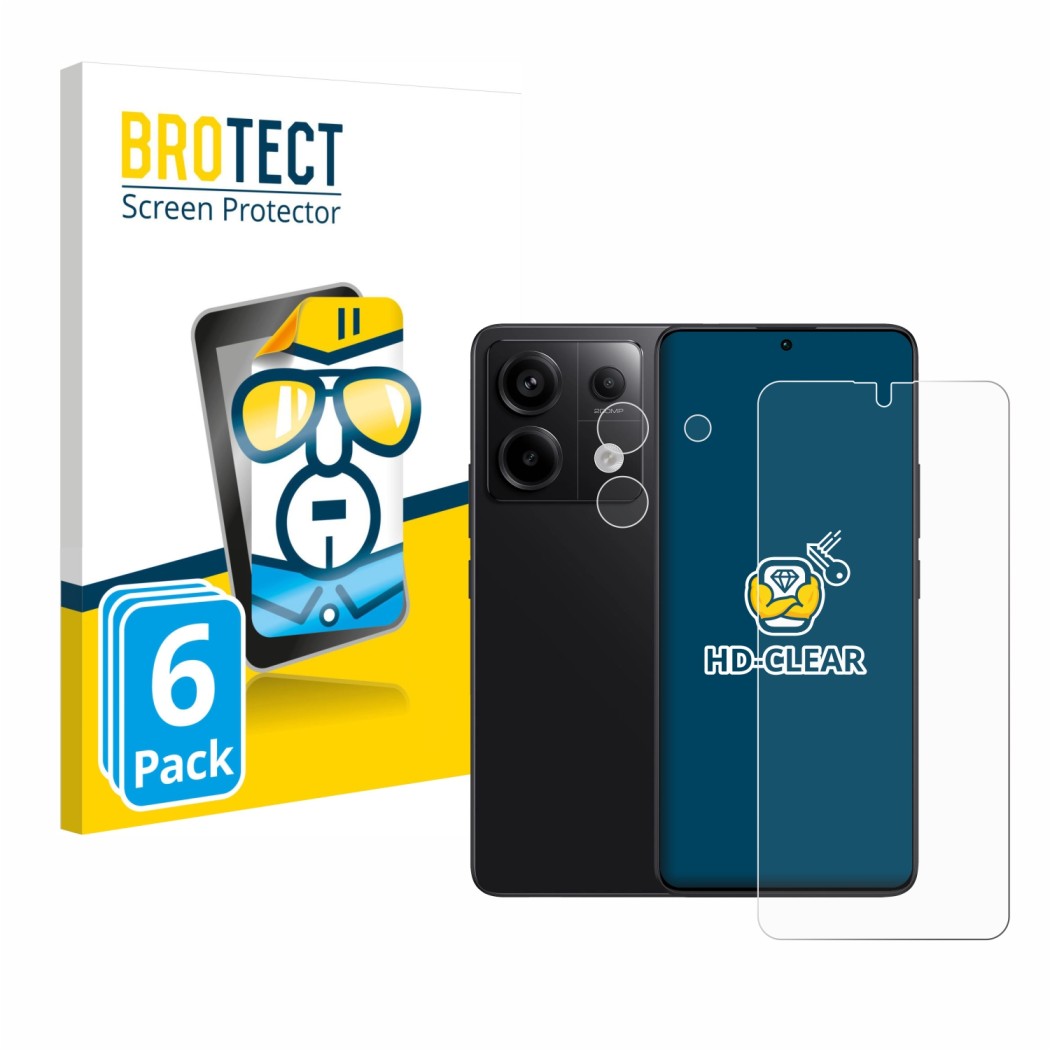 Face avant d’un emballage produit avec le logo de la marque BROTECT. À côté, l’appareil Xiaomi Redmi Note 13 Pro 5G (Avant+Cam