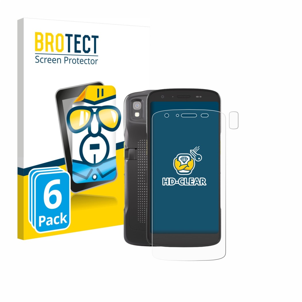 Parte frontal de un envase de producto con el logotipo de la marca BROTECT. Al lado se muestra el dispositivo Zebra TC22 (Fron