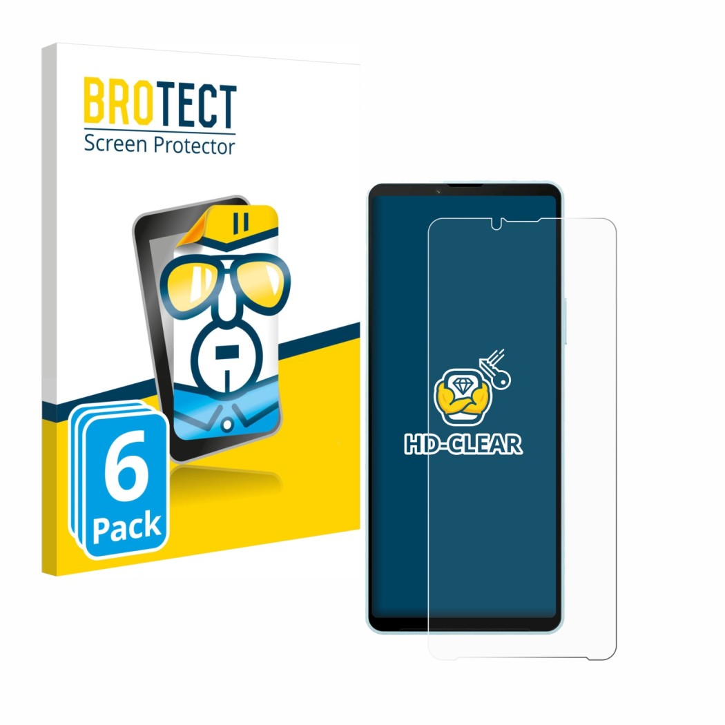 Front side of a product packaging with the brand logo BROTECT. Next to it is the device Sony Xperia 10 VI shown with the corre