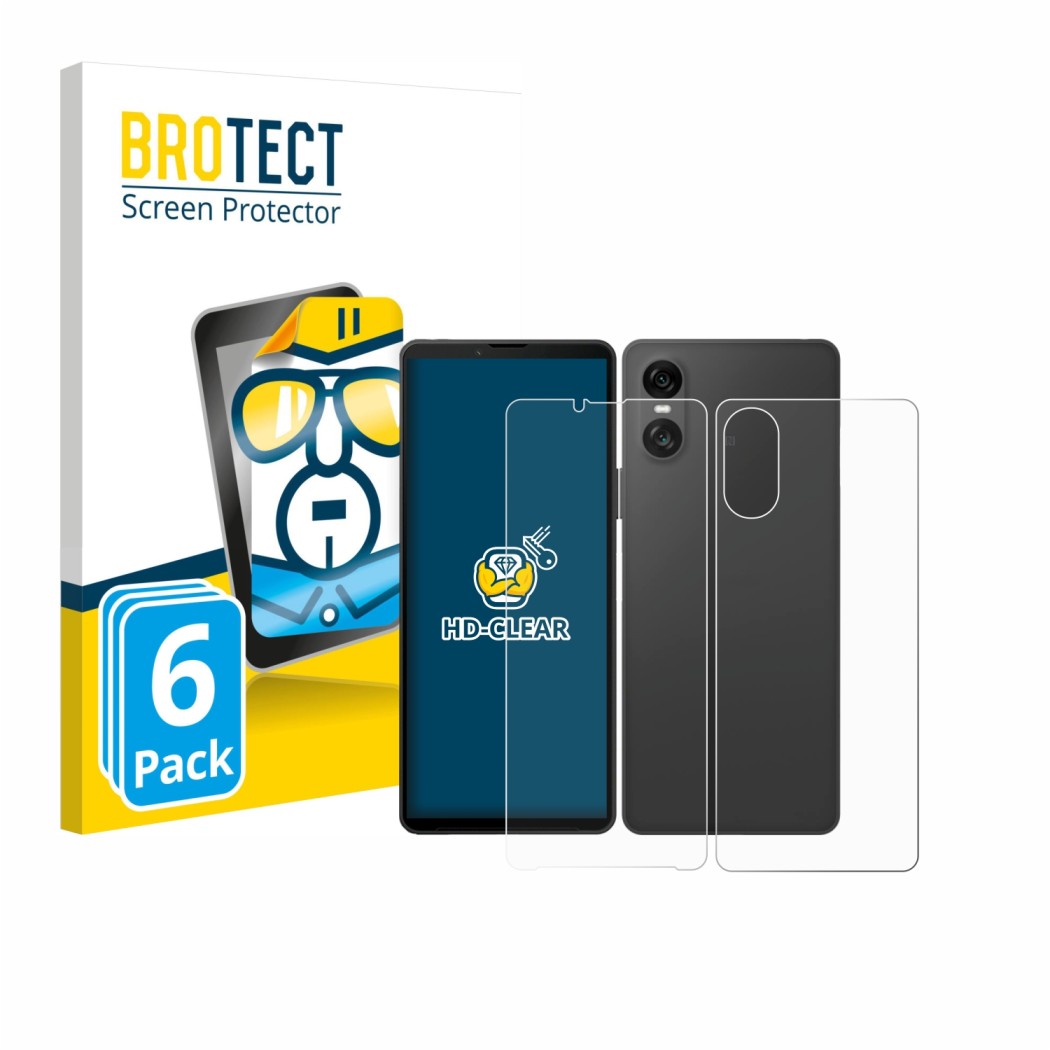 Front side of a product packaging with the brand logo BROTECT. Next to it is the device Sony Xperia 10 VI (Front+Back) shown w