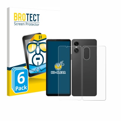 Front side of a product packaging with the brand logo BROTECT. Next to it is the device Sony Xperia 10 VI (Front+Back) shown w