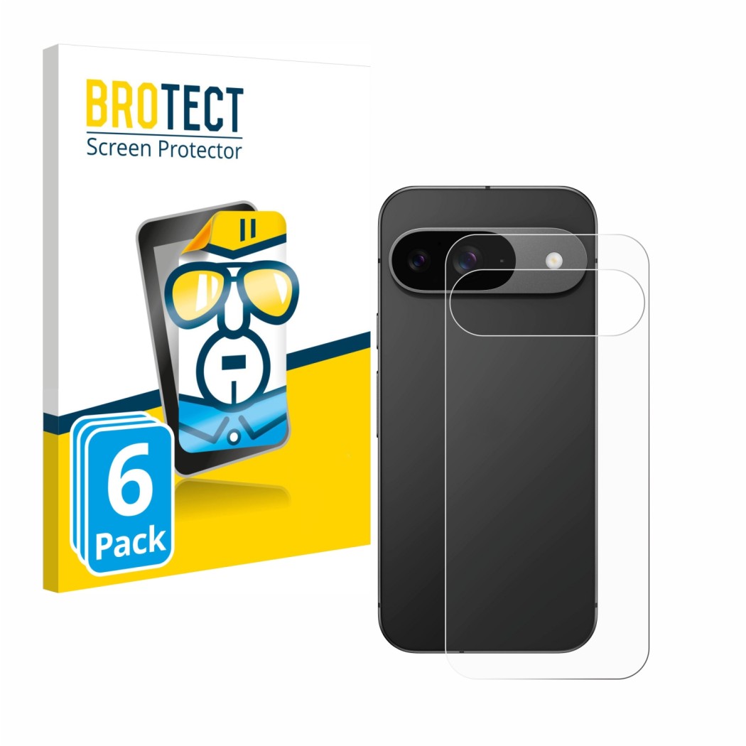 Front side of a product packaging with the brand logo BROTECT. Next to it is the device Google Pixel 9 (Back) shown with the c