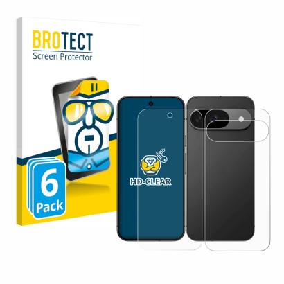 Front side of a product packaging with the brand logo BROTECT. Next to it is the device Google Pixel 9 (Front+Back) shown with