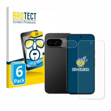 Front side of a product packaging with the brand logo BROTECT. Next to it is the device Google Pixel 9 (Front+Camera) shown wi