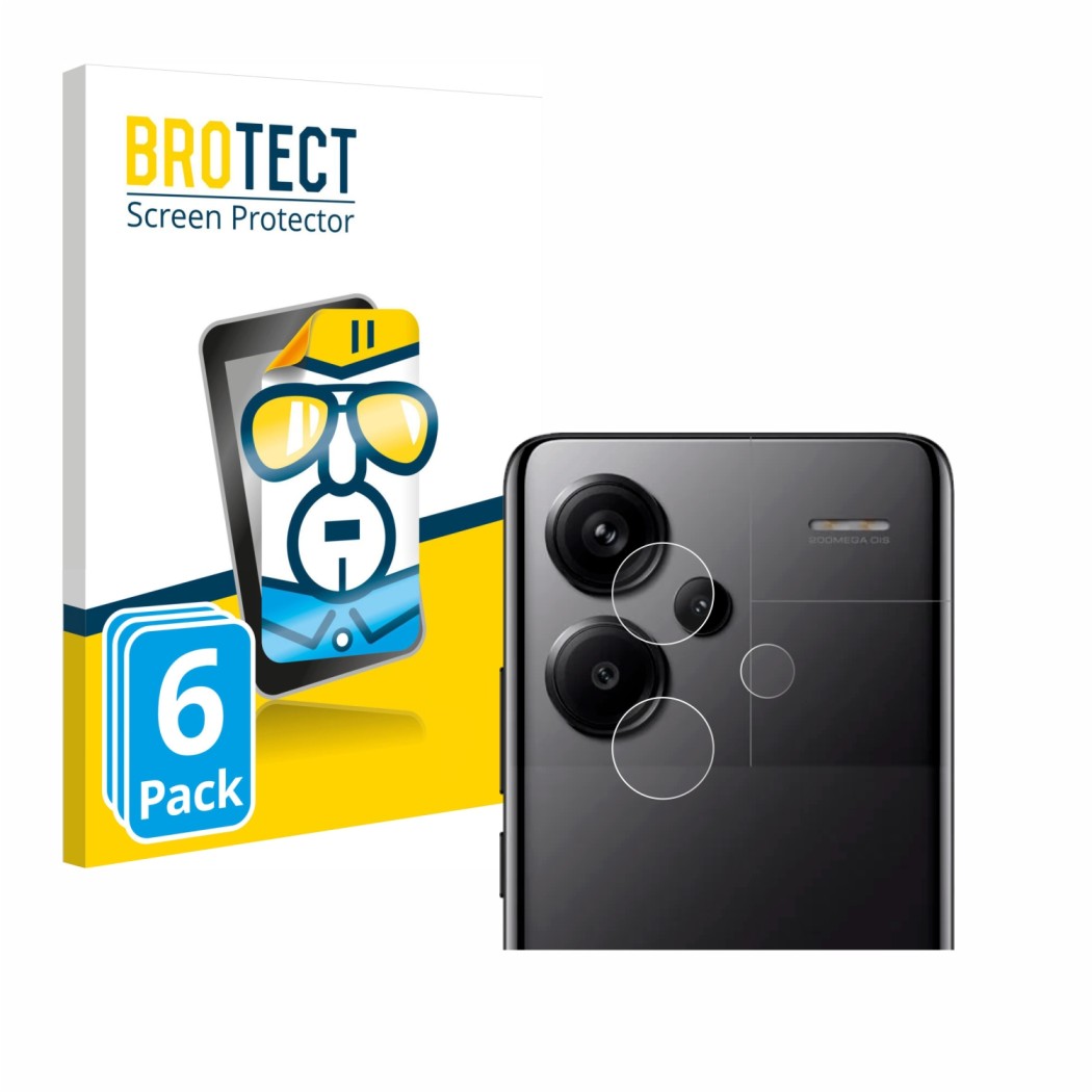 Vorderseite einer Produktverpackung mit dem Markenlogo BROTECT. Daneben ist das Gerät Xiaomi Redmi Note 13 Pro+ 5G (NUR Kamera