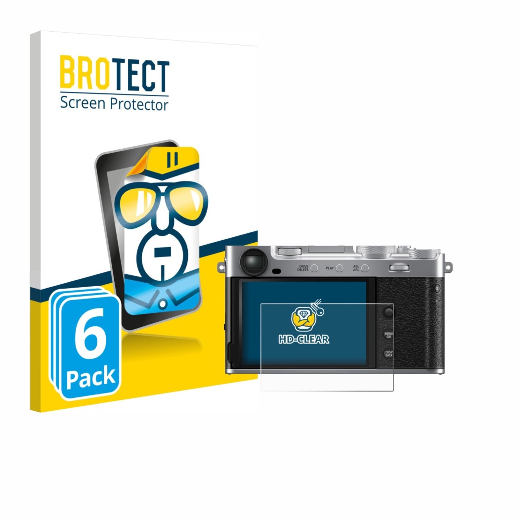 Front side of a product packaging with the brand logo BROTECT. Next to it is the device Fujifilm X-E5 shown with the correspon