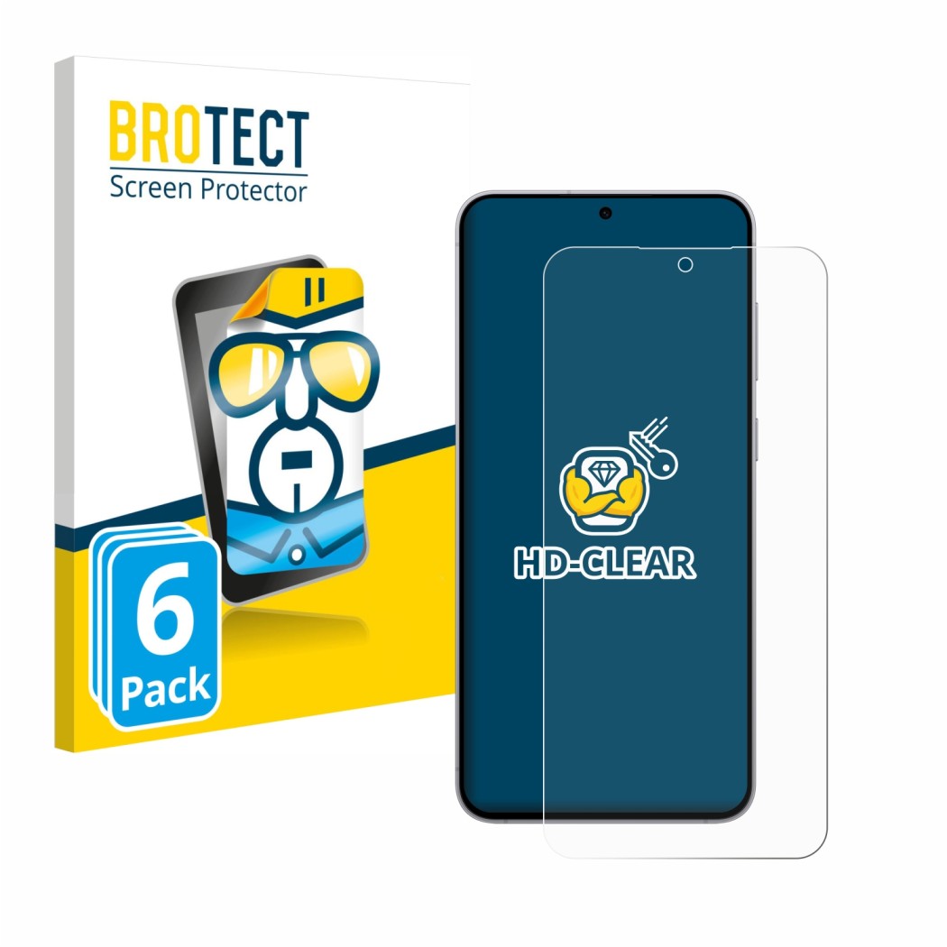 Front side of a product packaging with the brand logo BROTECT. Next to it is the device Samsung Galaxy S25 FE shown with the c