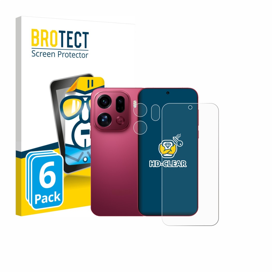 Vorderseite einer Produktverpackung mit dem Markenlogo BROTECT. Daneben ist das Gerät Oppo Find X9 Pro (Display+Kamera) mit de