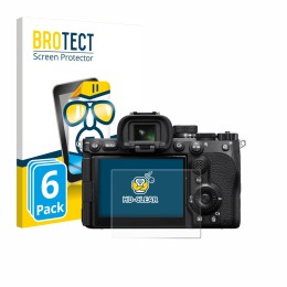 Front side of a product packaging with the brand logo BROTECT. Next to it is the device Sony Alpha 7 V (ILCE-7M5) shown with t