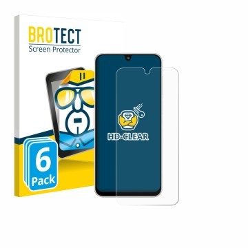 Face avant d’un emballage produit avec le logo de la marque BROTECT. À côté, l’appareil Samsung Galaxy M16 est représenté avec