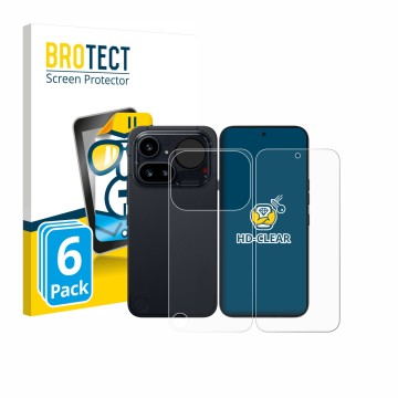 Parte frontale di una confezione del prodotto con il logo del marchio BROTECT. Accanto è raffigurato il dispositivo Nothing Ph