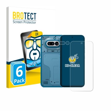 Parte frontal de un envase de producto con el logotipo de la marca BROTECT. Al lado se muestra el dispositivo Nothing Phone (4