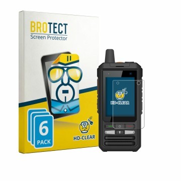 Parte frontal de un envase de producto con el logotipo de la marca BROTECT. Al lado se muestra el dispositivo Uniwa F80S con s