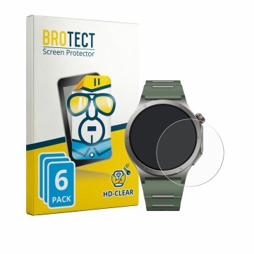 Front side of a product packaging with the brand logo BROTECT. Next to it is the device OnePlus Watch 4 shown with the corresp