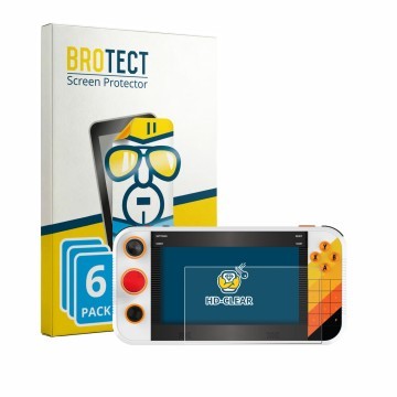 Face avant d’un emballage produit avec le logo de la marque BROTECT. À côté, l’appareil My Arcade Atari Gamestation Go Portabl
