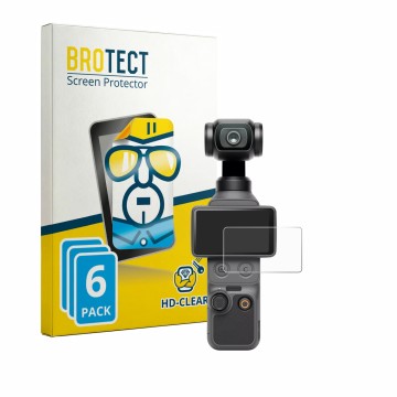Parte frontal de un envase de producto con el logotipo de la marca BROTECT. Al lado se muestra el dispositivo DJI Osmo Pocket 