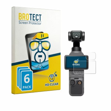 Face avant d’un emballage produit avec le logo de la marque BROTECT. À côté, l’appareil DJI Osmo Pocket 4 (Affichage + Lentill