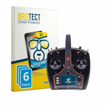 Front side of a product packaging with the brand logo BROTECT. Next to it is the device Spektrum NX7e Plus shown with the corr