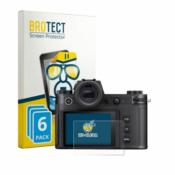 Parte frontal de un envase de producto con el logotipo de la marca BROTECT. Al lado se muestra el dispositivo Leica SL3-P con 