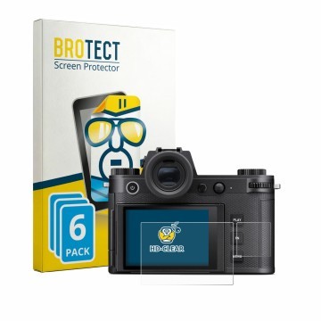 Parte frontal de un envase de producto con el logotipo de la marca BROTECT. Al lado se muestra el dispositivo Leica SL3-P (Pan