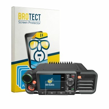 Parte frontal de un envase de producto con el logotipo de la marca BROTECT. Al lado se muestra el dispositivo Hytera HM785 con